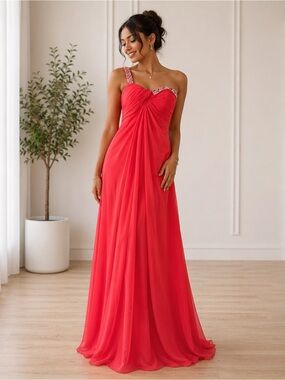 Coral One Shoulder Embellished Chiffon Maxi Evening Gown Dress XS